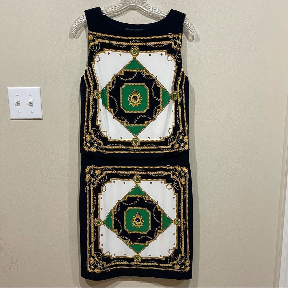 Lauren Ralph Lauren Black, White & Green Scarf-Print Sheath Dress